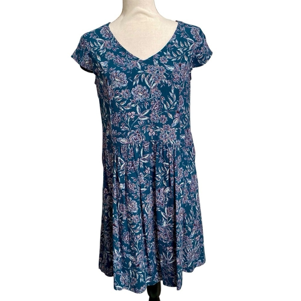 Garnet Hill Teal Floral Dress XS 0 V Neck Pleated Pockets Lined Viscose - Picture 2 of 15
